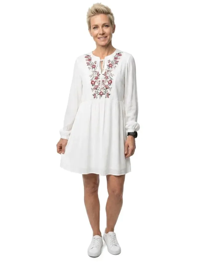 Vero Moda VMMINA EMB L/S SHORT DRESS WVN EXP GA - Dames - Mini jurken Bright White / Detail Rose Embroidery