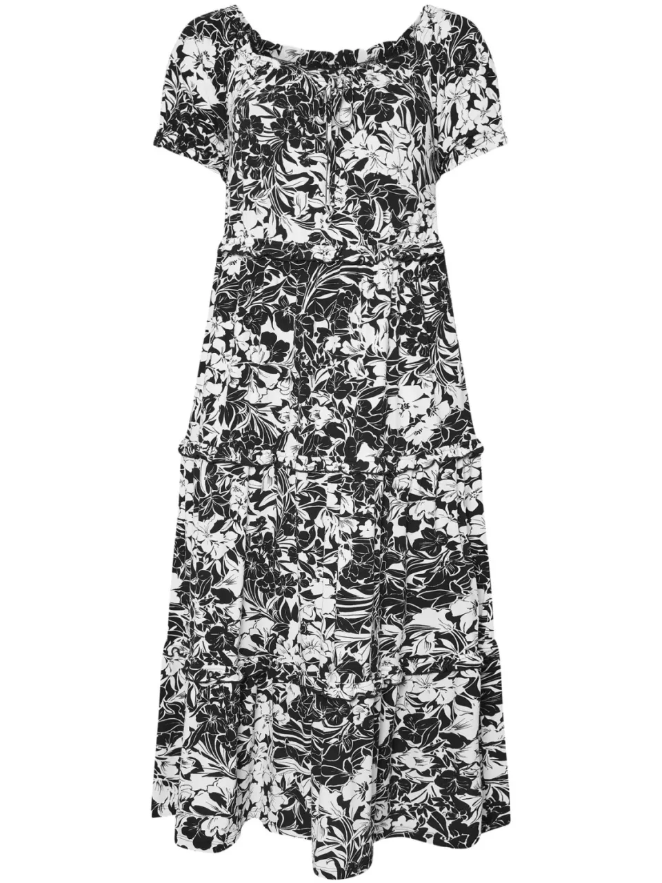 Yours Maxi Jurk Met Bloemenmotief, Ruches En Korte Mouwen In Zwart/Wit, foto 3