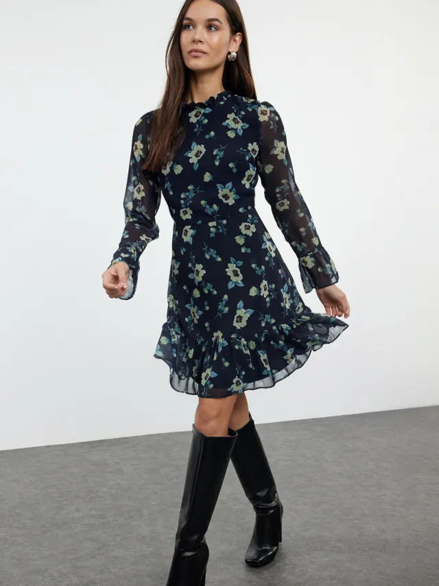 Trendyol TRENDYOLMİLLA Dames Donkerblauw Bloemen Kort / Mini Lang Avond / Dagelijks A-lijn Jurken Donker marineblauw