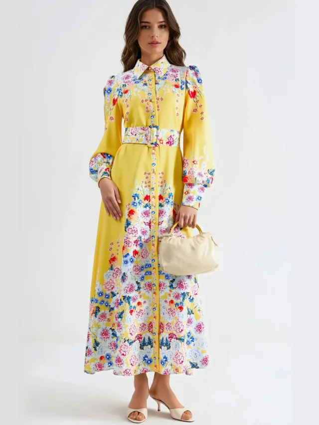 MSN Collection Floral Maxi Jurk met Knopen Sluiting Geel
