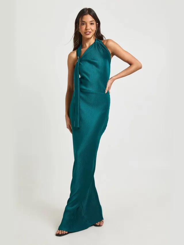 boohoo Dames Plisse Halter Detail Kolom Maxi Jurk Groenblauw
