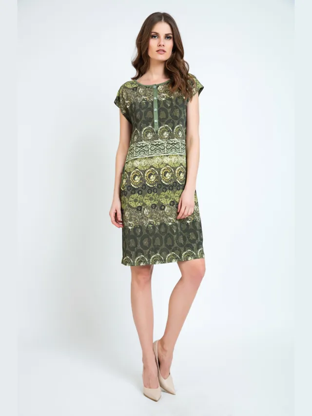 Conquista Jurk met knoopdetailprint Olijfgroen