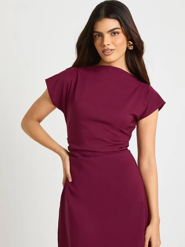 boohoo Dames Geruched hoge hals capmouw shiftjurk bordeaux rood, foto 2