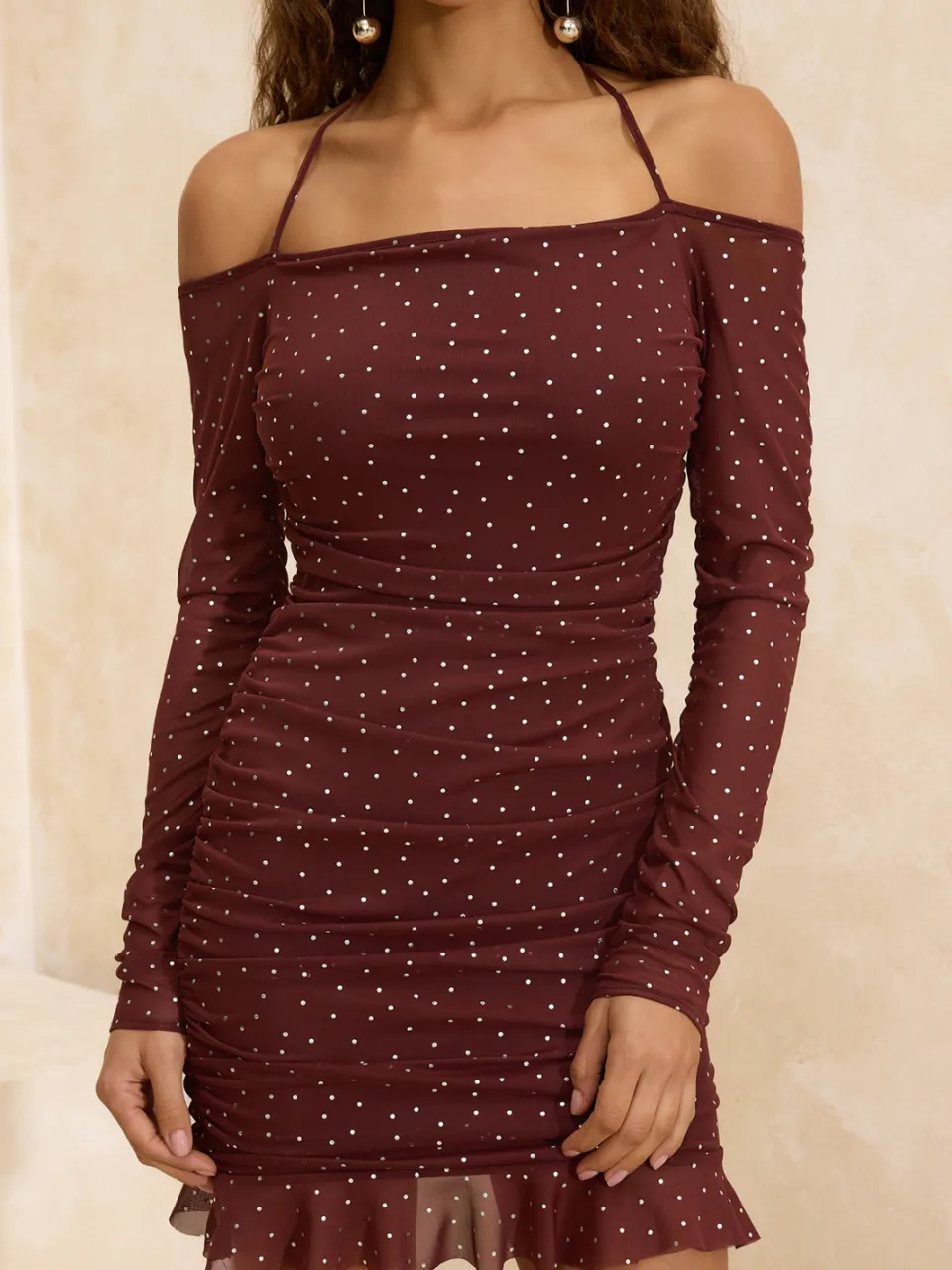 Trendyol TRENDYOLMİLLA Dames Bruin Stippen Kort / Mini Lang Stijlvol/Avond Bodycon Jurken, foto 2