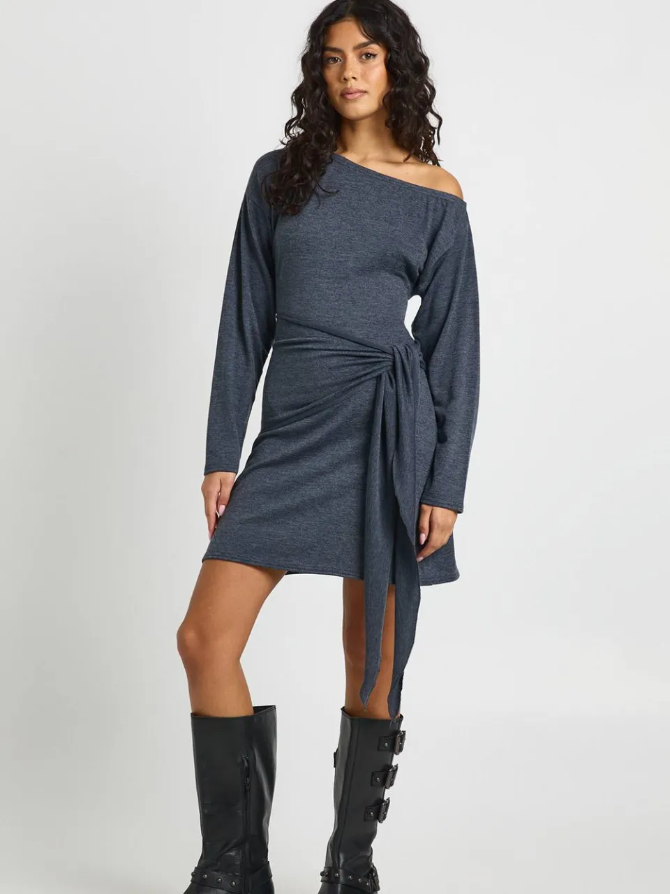 boohoo Dames Marl Asymmetrische Schouder Strikceintuur Mini Jurk Leisteen Blauw