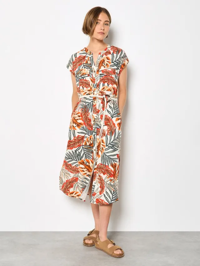 Apricot Midi-jurk met tropisch bladmotief Kaki