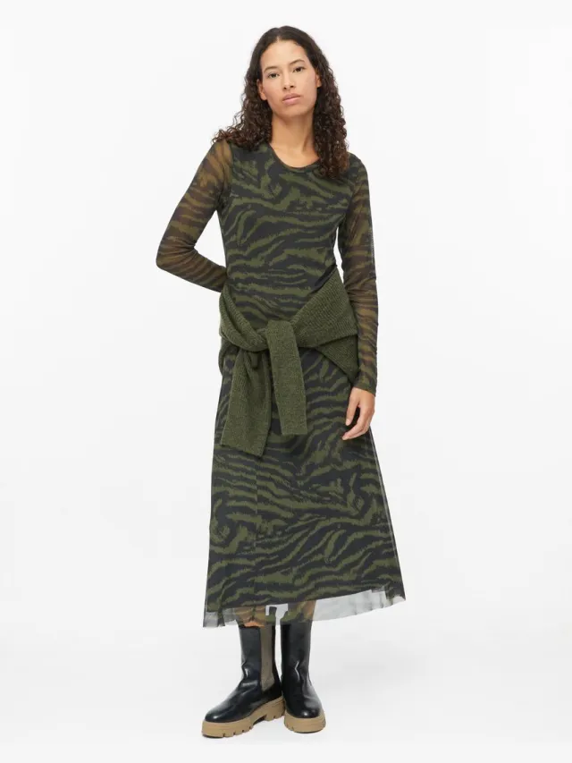 S.Oliver female - Mesh-jurk met dierenprint en plooien olijfgroen
