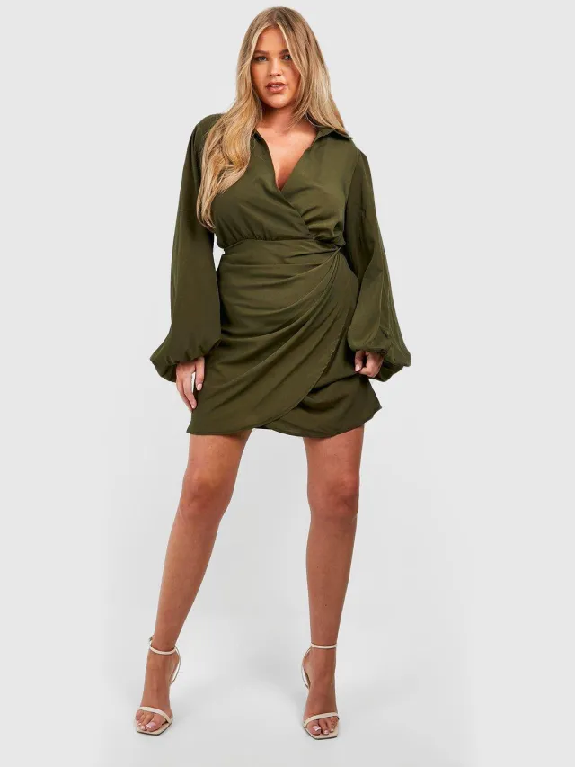boohoo Dames Plus Blouson Mouw Wrap Jurk Kaki