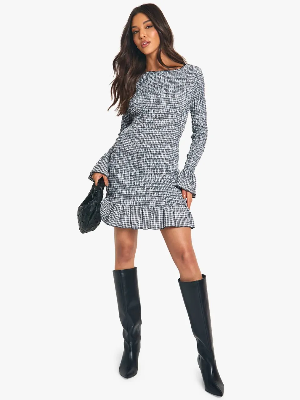 boohoo Dames Check Shirred Langarm Mini Jurk zwart, foto 3