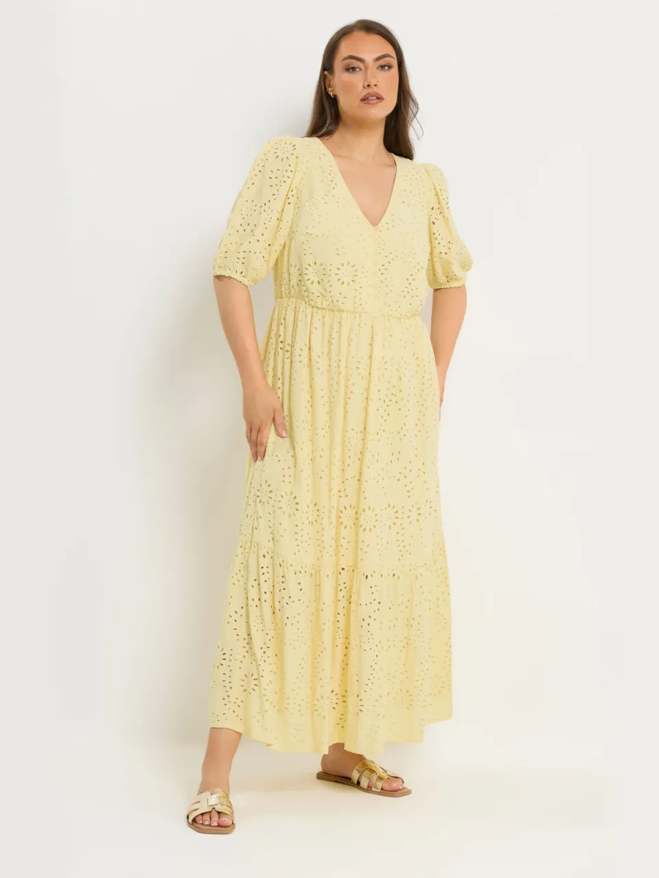 Yours Gele Gelaagde Maxijurk Met Broderie Anglaise geel, foto 3