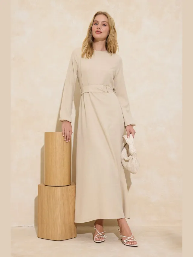 Trendyol Modest Dames Beige Effen Maxi Lang Casual Skater Modest Jurken, foto 2