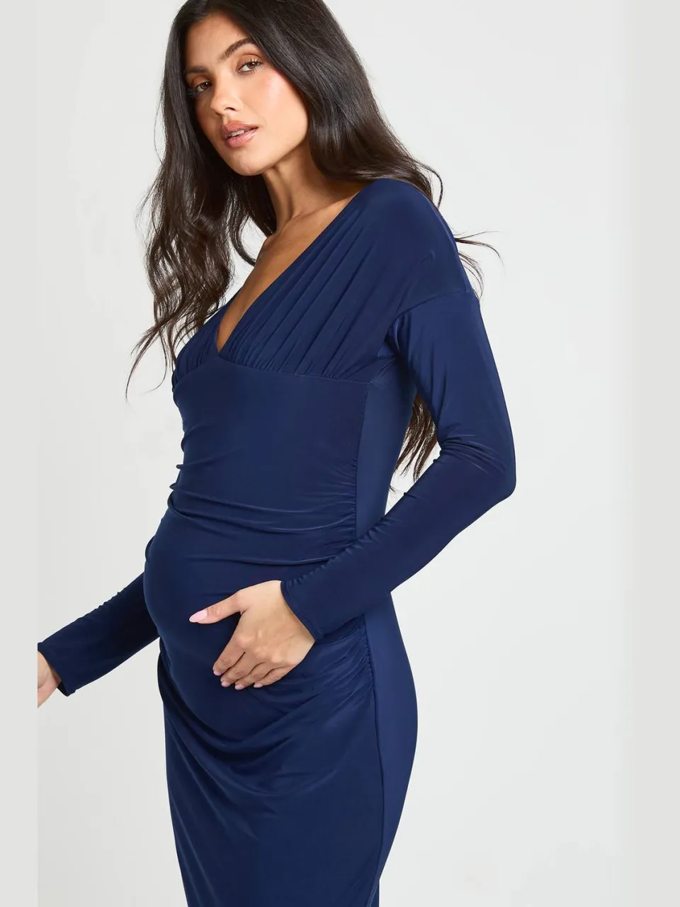 boohoo Dames Zwangerschaps Off-shoulder Gerimpelde Maxi Jurk marineblauw, foto 2