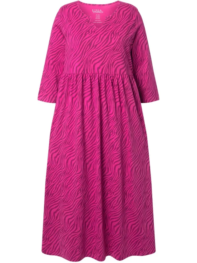 Ulla Popken Dames - Jersey maxi-jurk A-lijn tuniekhals 3/4-mouwen - Magnoliarood - Maat 58+