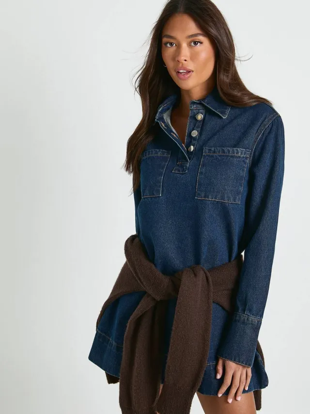 boohoo Dames Denimjurk met lange mouwen Indigo