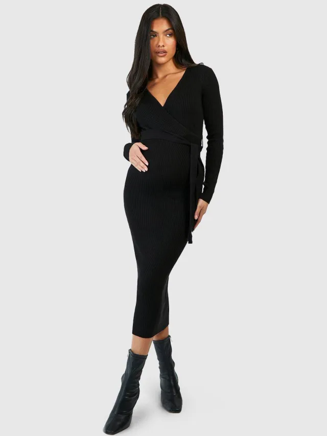 boohoo Dames Maternity Knitted Wrap Midi Dress Zwart