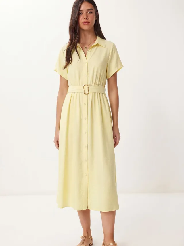 Happiness Istanbul Gestrikte Poplin Blouse Midi Jurk Geel