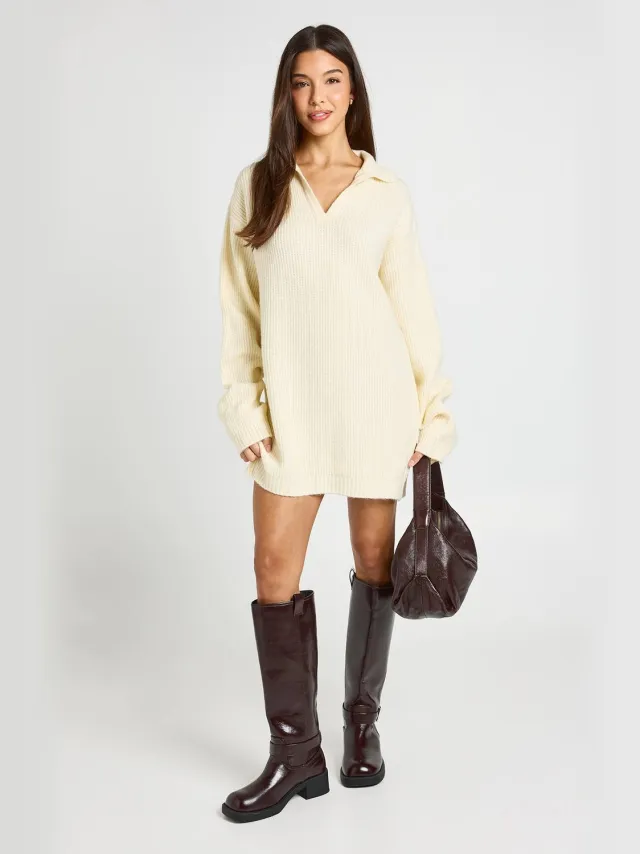 boohoo Dames Oversized Gebreide Mini-jurk Met Kraagdetail In Rugbystijl Ecru