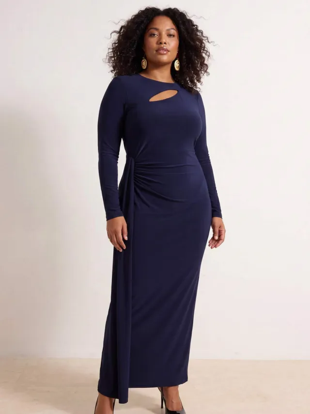 Trendyol Curve Dames Donkerblauw Effen Maxi Mouwloos Recht Grote maten Jurk Marineblauw/Blauw