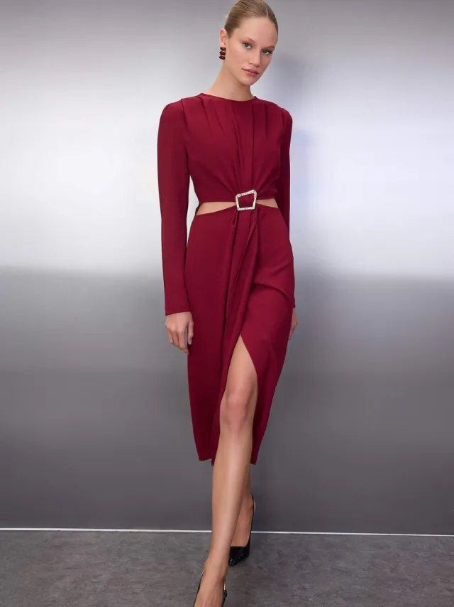 Trendyol TRENDYOLMİLLA Dames Bordeaux Effen Midi Lang Avond / Dagelijks A-lijn Jurken Bordeauxrood