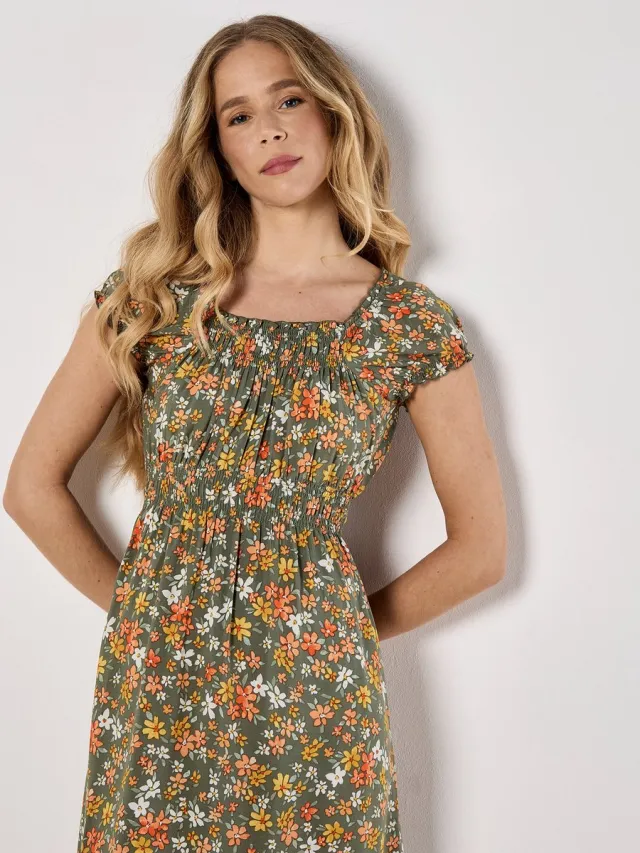 Apricot Midi-jurk met bloemenprint Kaki