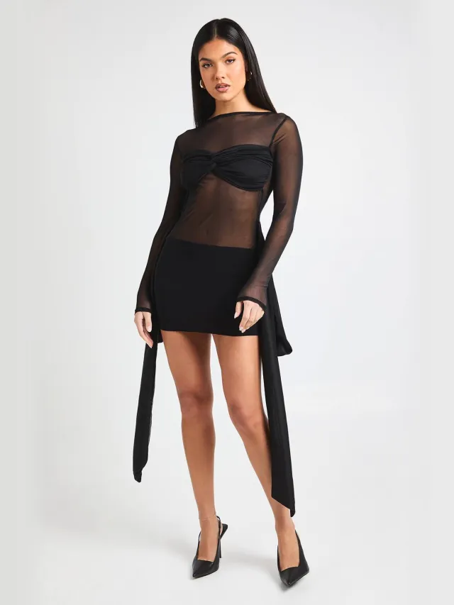 boohoo Dames Minijurk in mesh met wikkelstijl en knoopdetail Zwart