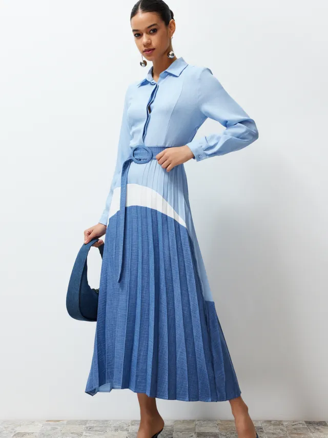 Trendyol Modest Dames Blauw Colorblock Maxi Lang Casual Blousejurk Modest Jurken
