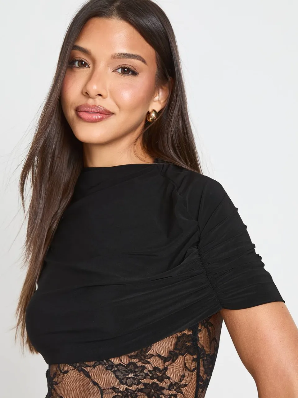boohoo Dames Slinky Jurk Met Kanten Inzet En Cape Mouwen zwart, foto 4