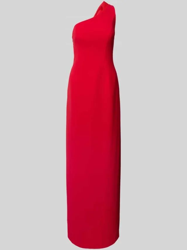 Vera Wang Avondjurk in one shoulder-design, model 'ALPES' rood, foto 2