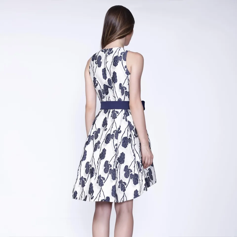 Smart & Joy Flower Jacquard Skater -jurk en toegevoegde riem blauw, foto 2