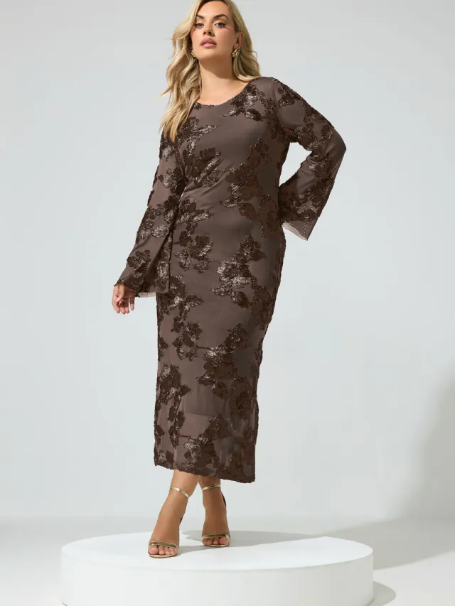 Yours London Chocoladebruine Maxijurk Met Bloemenapplicatie Brown