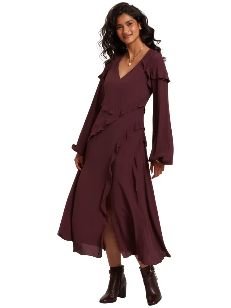 Ted Baker Midi-jurk Met Lange Mouwen En Ruches Wijnrood