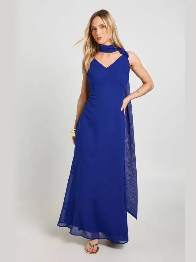 boohoo Dames Petite Chiffon Draperende Hals Sjaal Detail Maxi Jurk Kobaltblauw