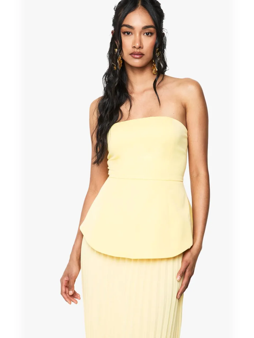 boohoo Dames Bandeau Peplum Chiffon Mix Maxi-jurk citroen, foto 3