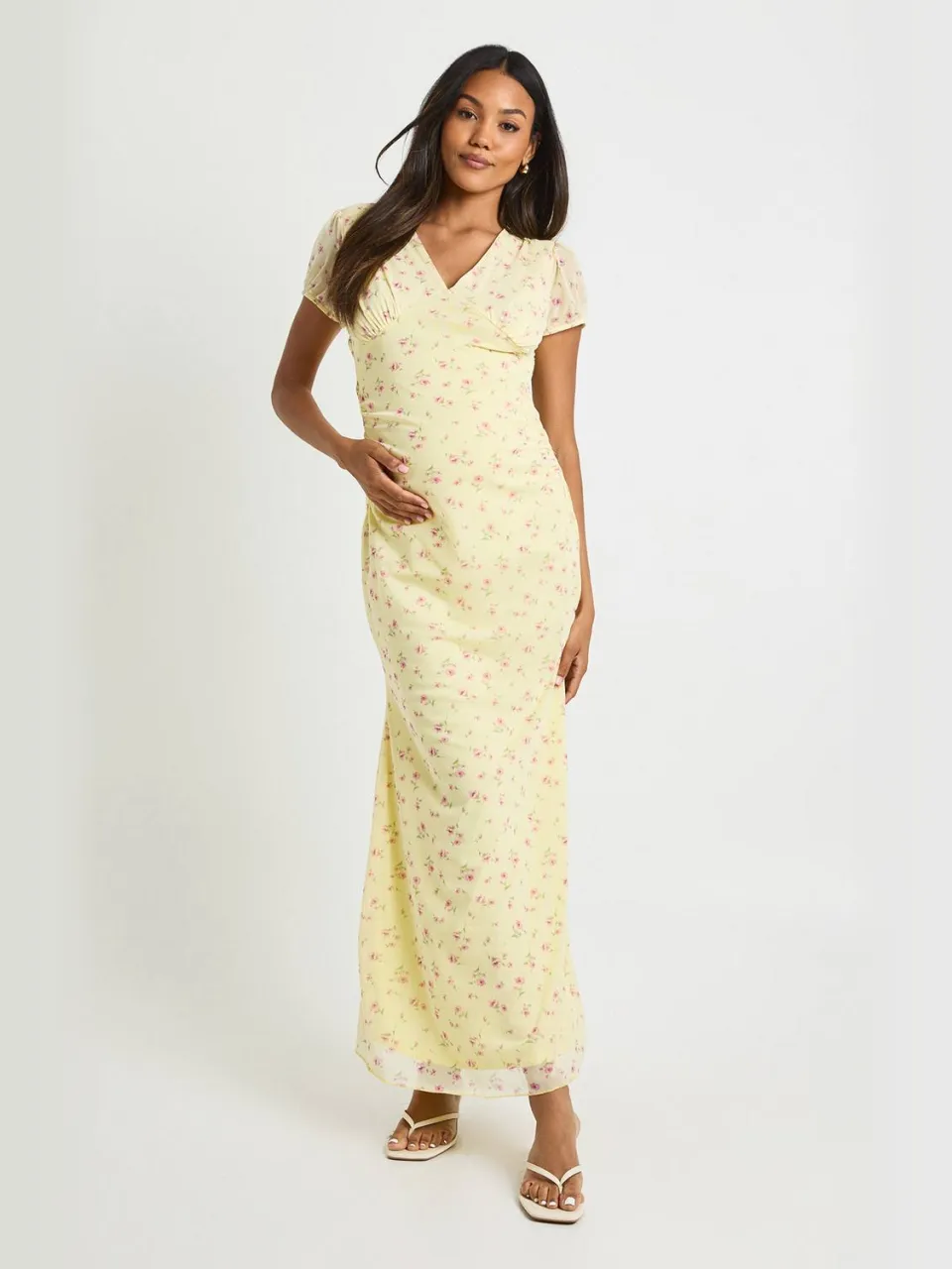 boohoo Dames Zwangerschaps mesh ditsy midaxi jurk citroen, foto 3