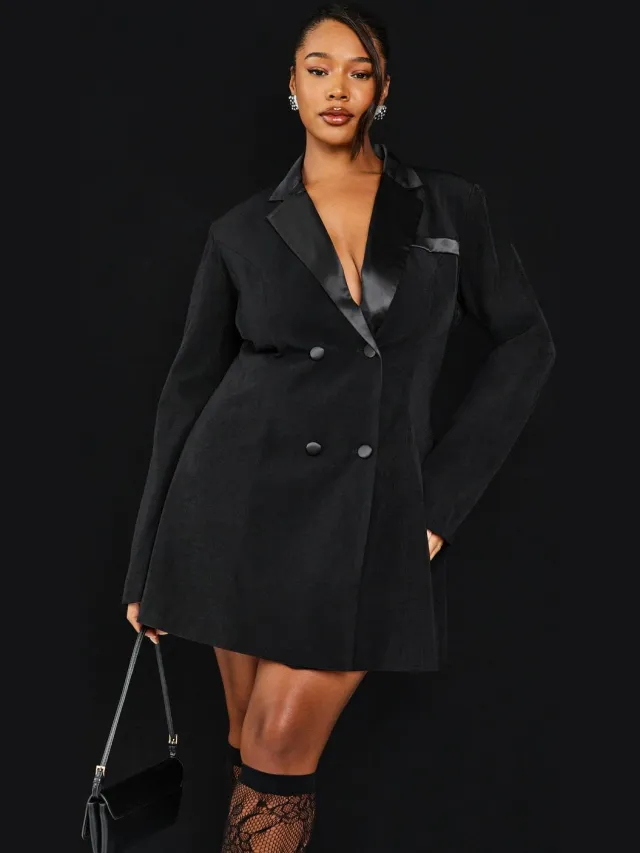boohoo Dames Gestructureerde blazerjurk met contrasterende revers Zwart