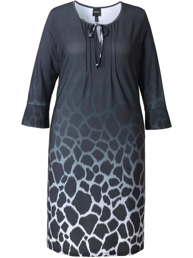 Ulla Popken Dames - Jersey jurk dieren-patroonverloop lange mouwen - Zwart - Maat 58+