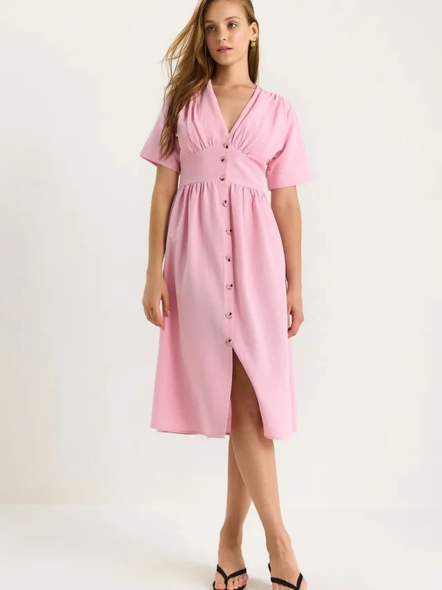Bianco Lucci V-hals Knop Midi Overhemdjurk Roze