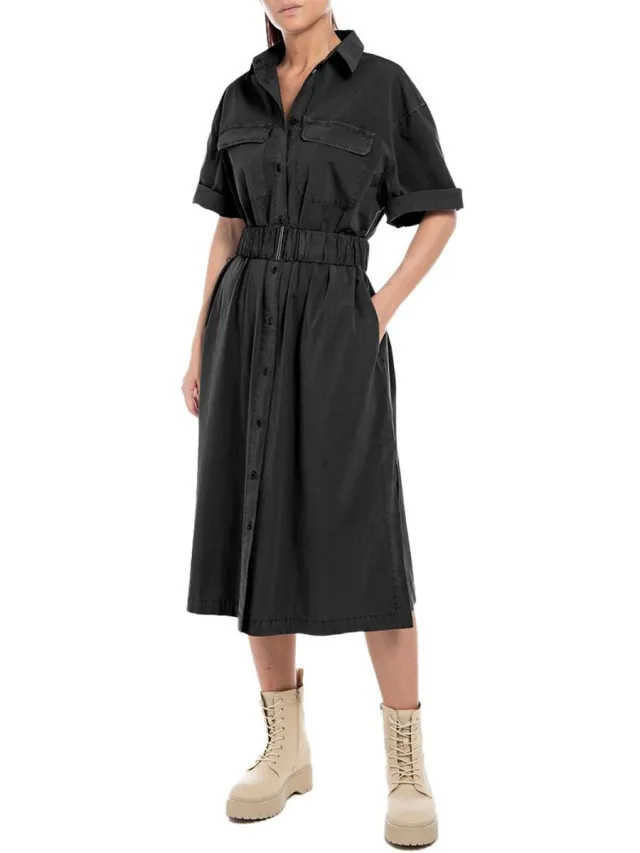 Replay W9009.000.84605g Midi-jurk Met Korte Mouwen Zwart 2XS Vrouw Blackboard