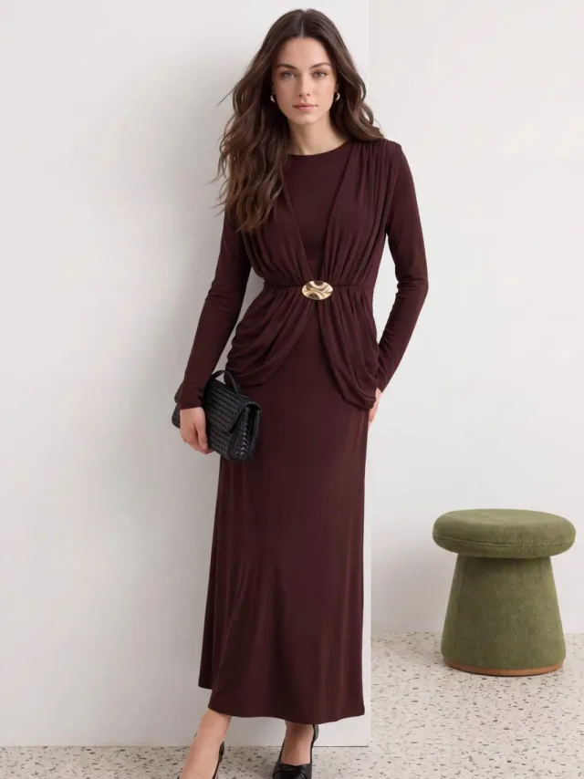 Trendyol Modest Dames Bruin Effen Maxi Lang Bodycon Modest Jurken, foto 2