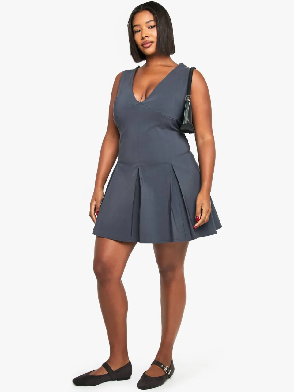 boohoo Dames Plus Bengaline Diepe V-hals Geplooide Rok Mini-jurk houtskool, foto 2
