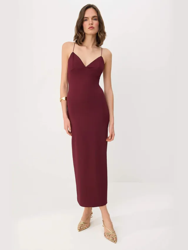 Trendyol TRENDYOLMİLLA Dames Paars Effen Maxi Mouwloos Bodycon Avond & Gala Jurk Rood