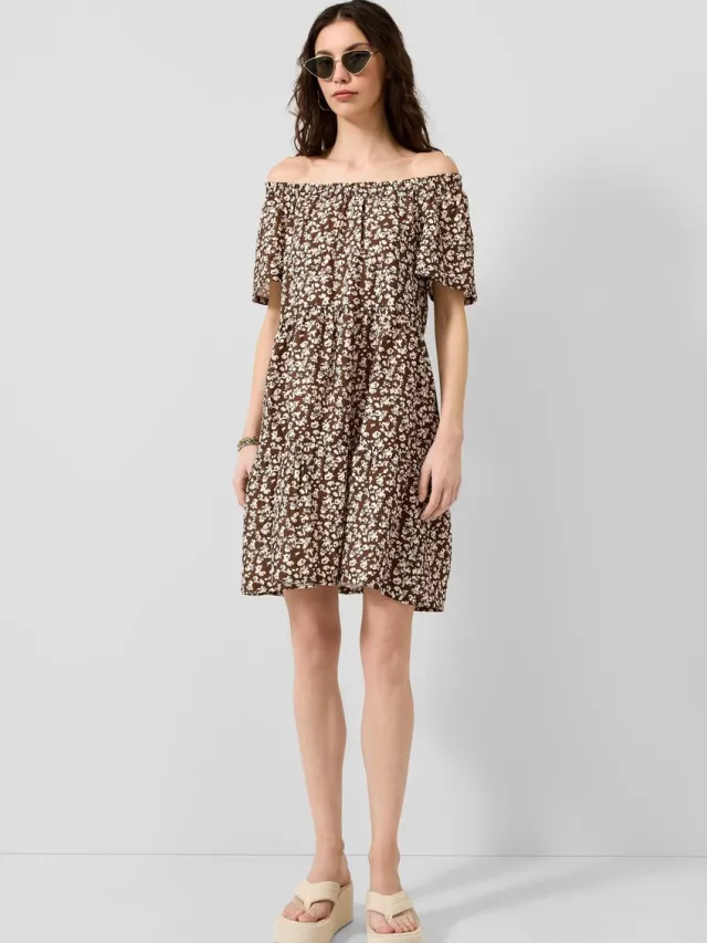 QS female - Jurk van viscose-mix met carmenhalslijn donkerbruin