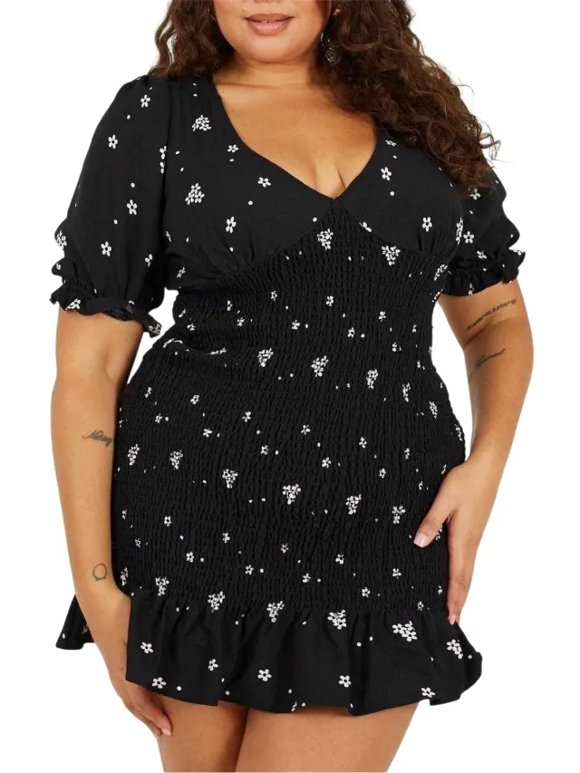 Brave Soul Mini-jurk voor dames met V-hals en pofmouwen in grote maten (Zwart, Wit)