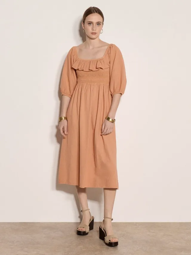 Apricot Midi-jurk met ruches Peach