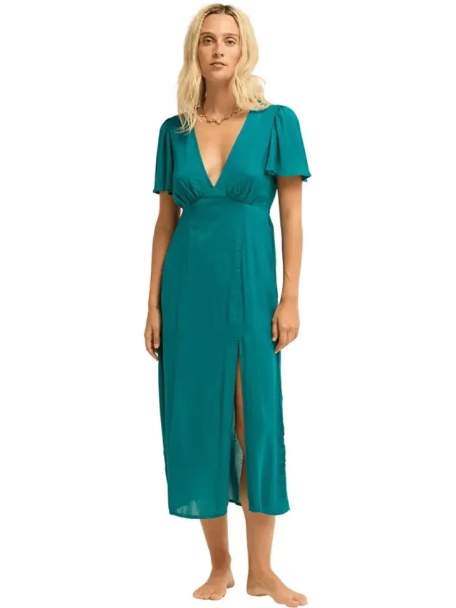 Billabong Jet Set Midi-jurk Met Korte Mouwen Groen S Vrouw Deep Lagoon