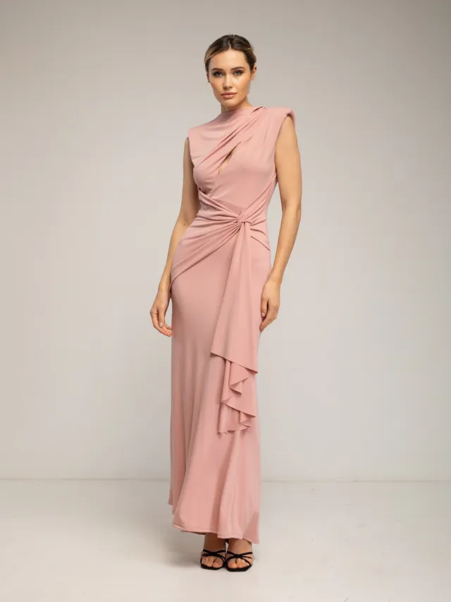Tantra Lange jurk met gedrapeerde schouder, een split en een strik. Roze