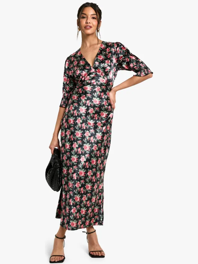 boohoo Dames Florale Midaxi Thee-jurk Zwart