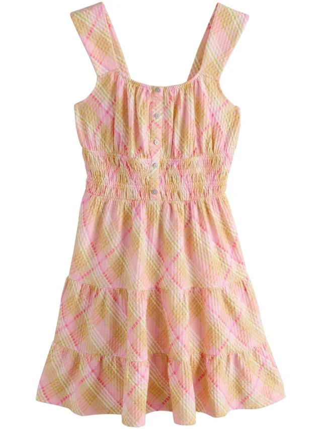 Next Dames - Mouwloze mini-jurk van gestructureerde jersey, petite - Petite - Roze Pink/Yellow Check