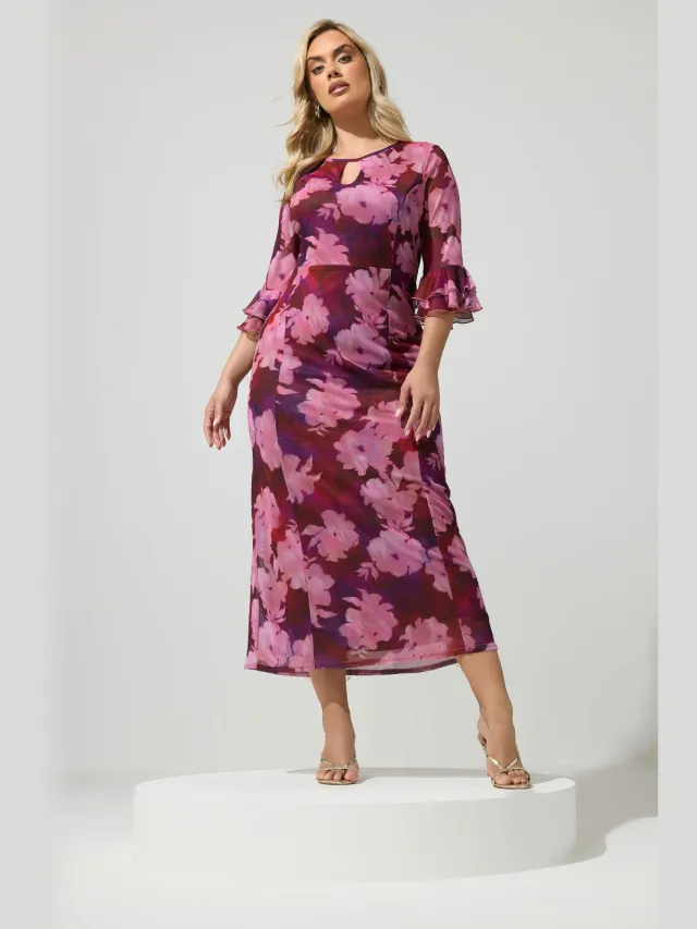 Yours London Roze En Rode Jurk Met Wazige Bloemenprint En Sleutelgat Pink