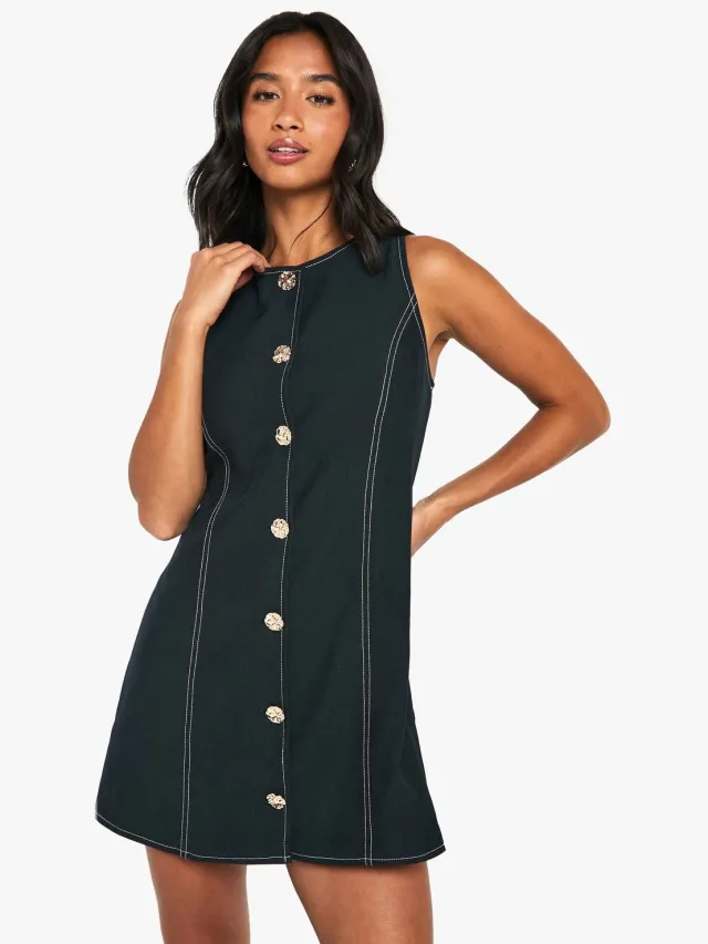 boohoo Dames Petite Gouden Knop Getailleerde Mouwloze A-Lijn Mini-Jurk Marineblauw